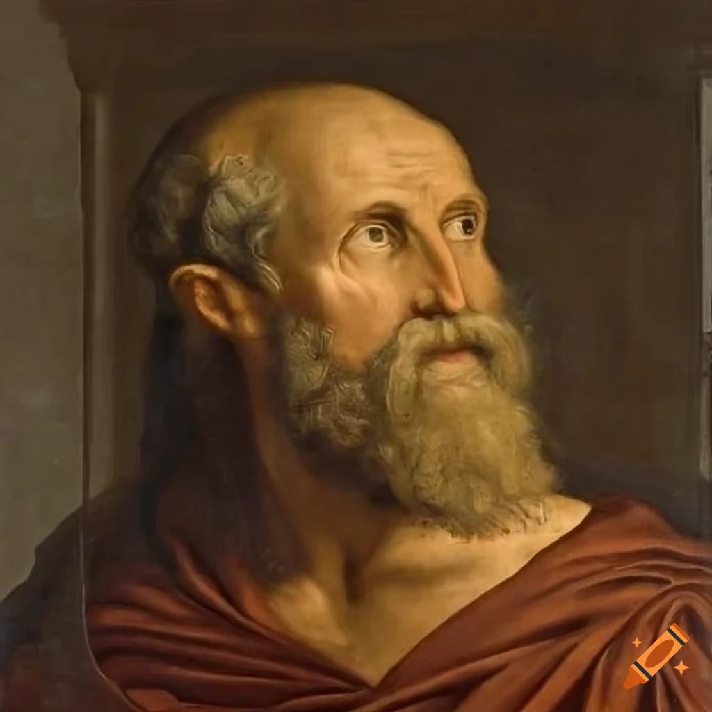 Painting of Heraclitus teaching in an ancient stoa on Craiyon