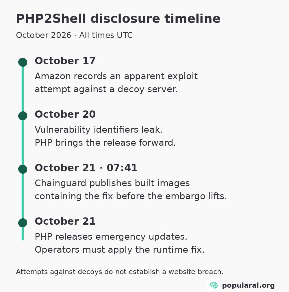 PHP2Shell timeline: apparent decoy-server exploit attempt on October 17, identifier leak on October 20, premature patched images at 07:41 UTC on October 21, and emergency PHP updates on October 21 PHP2Shell timeline: apparent decoy-server exploit attempt on October 17, identifier leak on October 20, premature patched images at 07:41 UTC on October 21, and emergency PHP updates on October 21