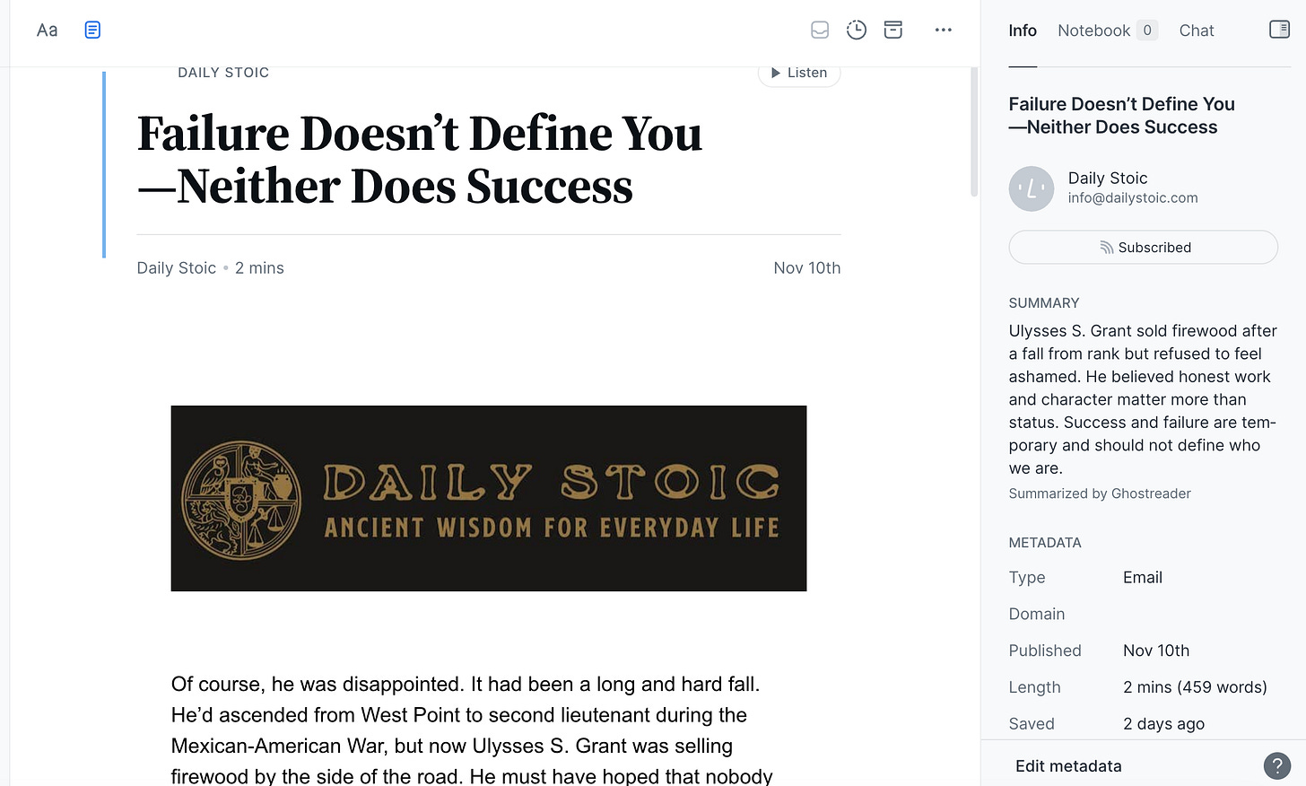 Screenshot of a Readwise Reader article titled “Failure Doesn’t Define You — Neither Does Success” from the Daily Stoic, published November 10th. The article in plain text is on the left and the AI summary is on the right. The Daily Stoic logo in black and gold appears in the center of the page.