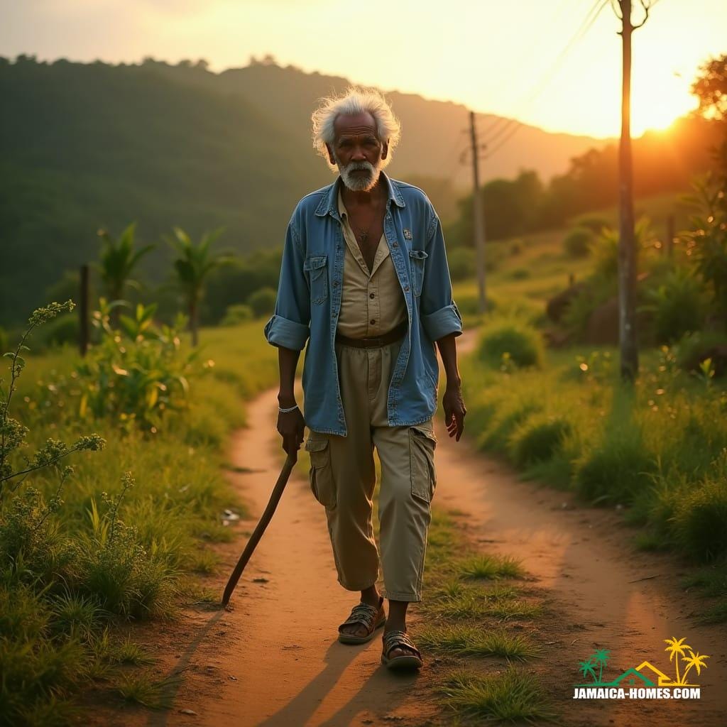 Weathered, elderly Jamaican man with wispy grey hair and a worn, gentle face, dressed in a faded denim shirt and worn khaki pants, walks purposefully along a winding dirt path, his worn leather boots kicking up small clouds of dust as he exercises his right of way across a lush, emerald-green countryside property in rural Jamaica, the warm, golden light of a setting sun casting long shadows across the landscape, a sense of quiet determination etched on his face.