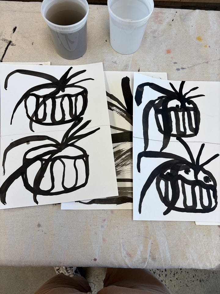 An oil painting of flowers in a jug, a coffee mug, and an apple. 4 black ink drawings of a plant. 