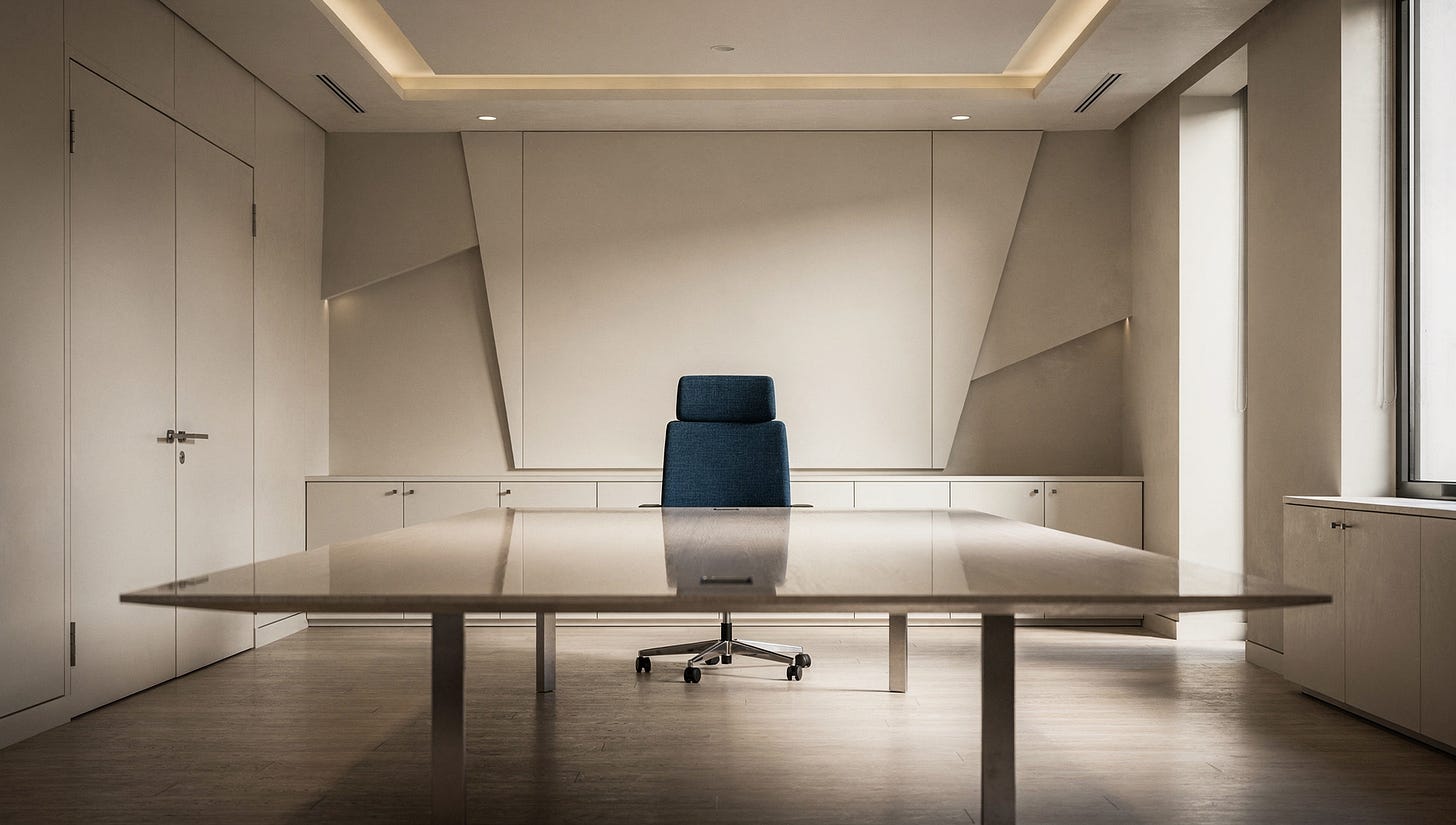 Conference room with a long table and a single chair at the head, symbolizing a nonprofit governed by only one board member.