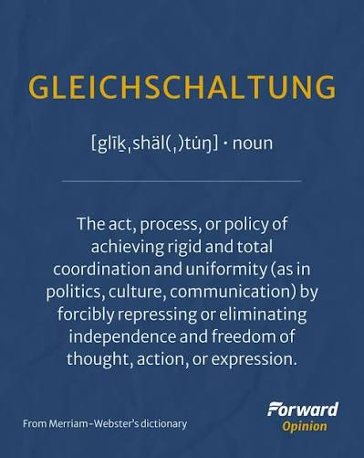 There's a German word that describes the process the Nazi party used to take total control of all aspects of life: “Gleichschaltung,” which essentially means “bringing into line.” Much of this process There's a German word that describes the process the Nazi party used to take total control of all aspects of life: “Gleichschaltung,” which essentially means “bringing into line.” Much of this process