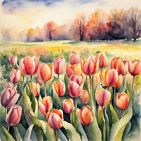 Tulips in a meadow, parrot on a branch, woman pencil sketch, abstract shapes, ice cream shop logo, banner that says "digital art" created by Stable Diffusion XL