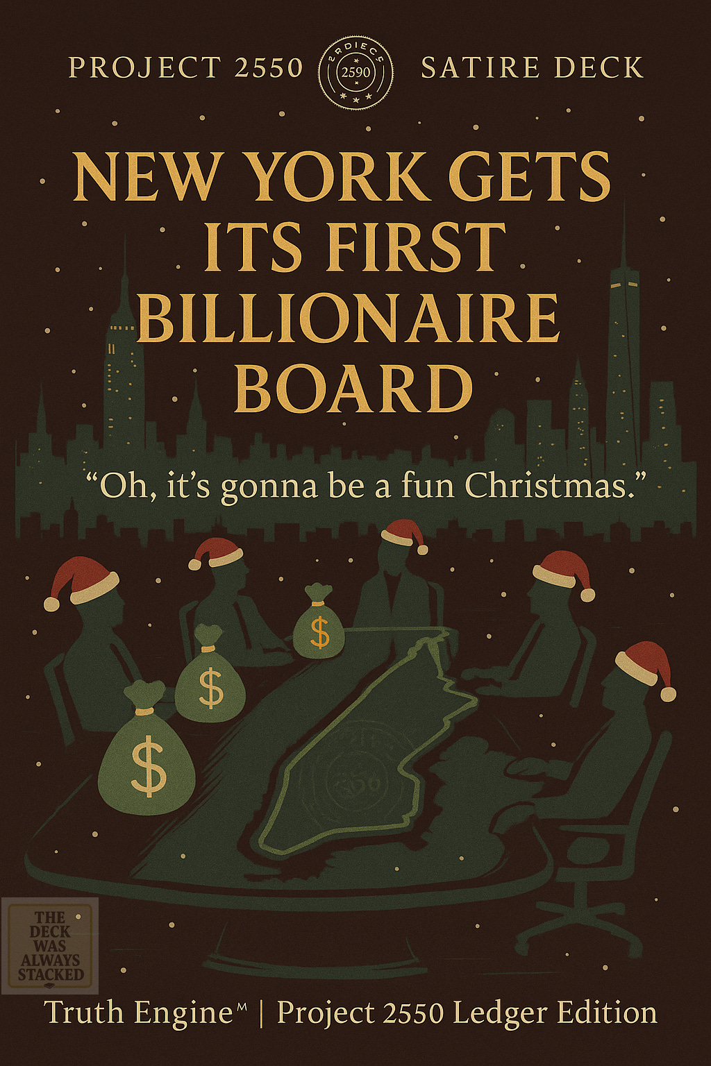 llustration of silhouetted billionaires in Santa hats sitting around a boardroom table shaped like New York, with city skyline behind them