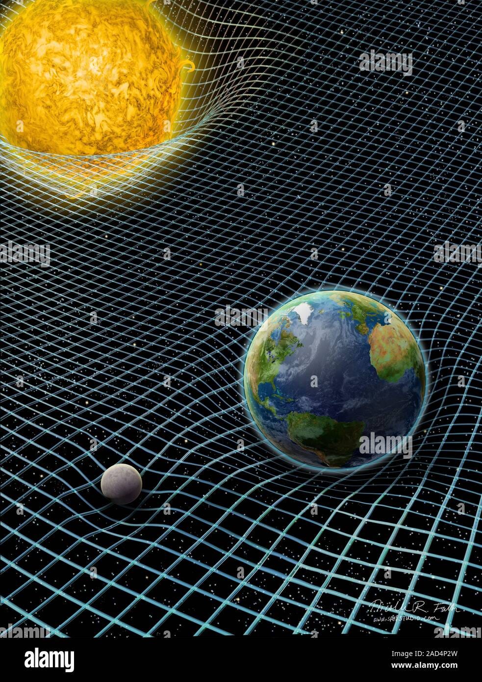 Sun-Earth-Moon and space-time. Illustration of the gravitational fields of the Sun, Earth and Moon distorting the fabric of space-time. Albert Einstei Stock Photo - Alamy Sun-Earth-Moon and space-time. Illustration of the gravitational fields of the Sun, Earth and Moon distorting the fabric of space-time. Albert Einstei Stock Photo - Alamy