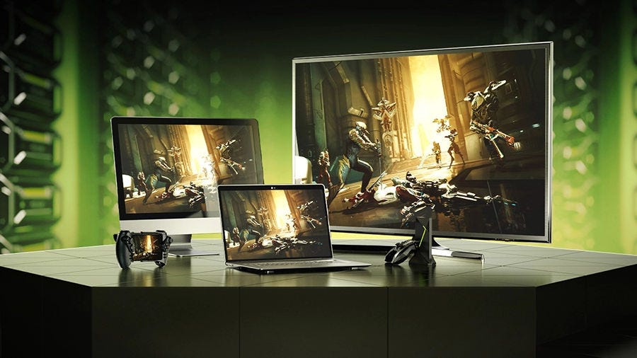 Several computer monitors playing a game through Nvidia GeForce Now Several computer monitors playing a game through Nvidia GeForce Now