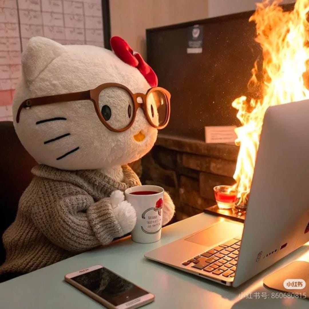 A meme of Hello Kitty wearing glasses and drinking from a mug sitting in front of a laptop on fire.