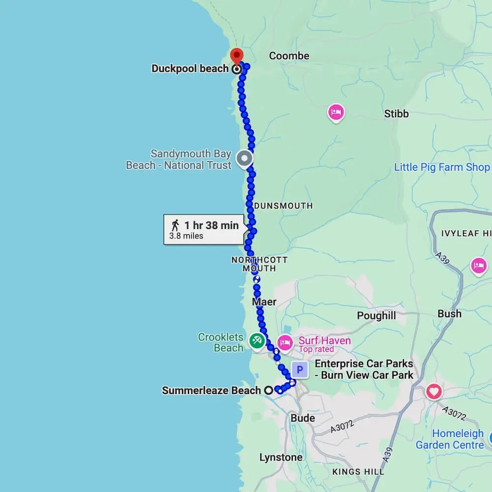 Map showing the walking route from Bude to Duckpool Beach