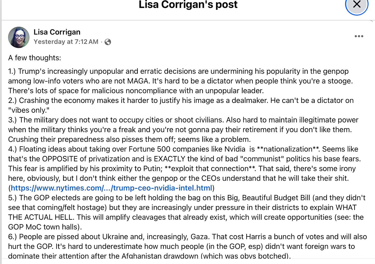 Facebook post from Lisa Corrigan Facebook post from Lisa Corrigan