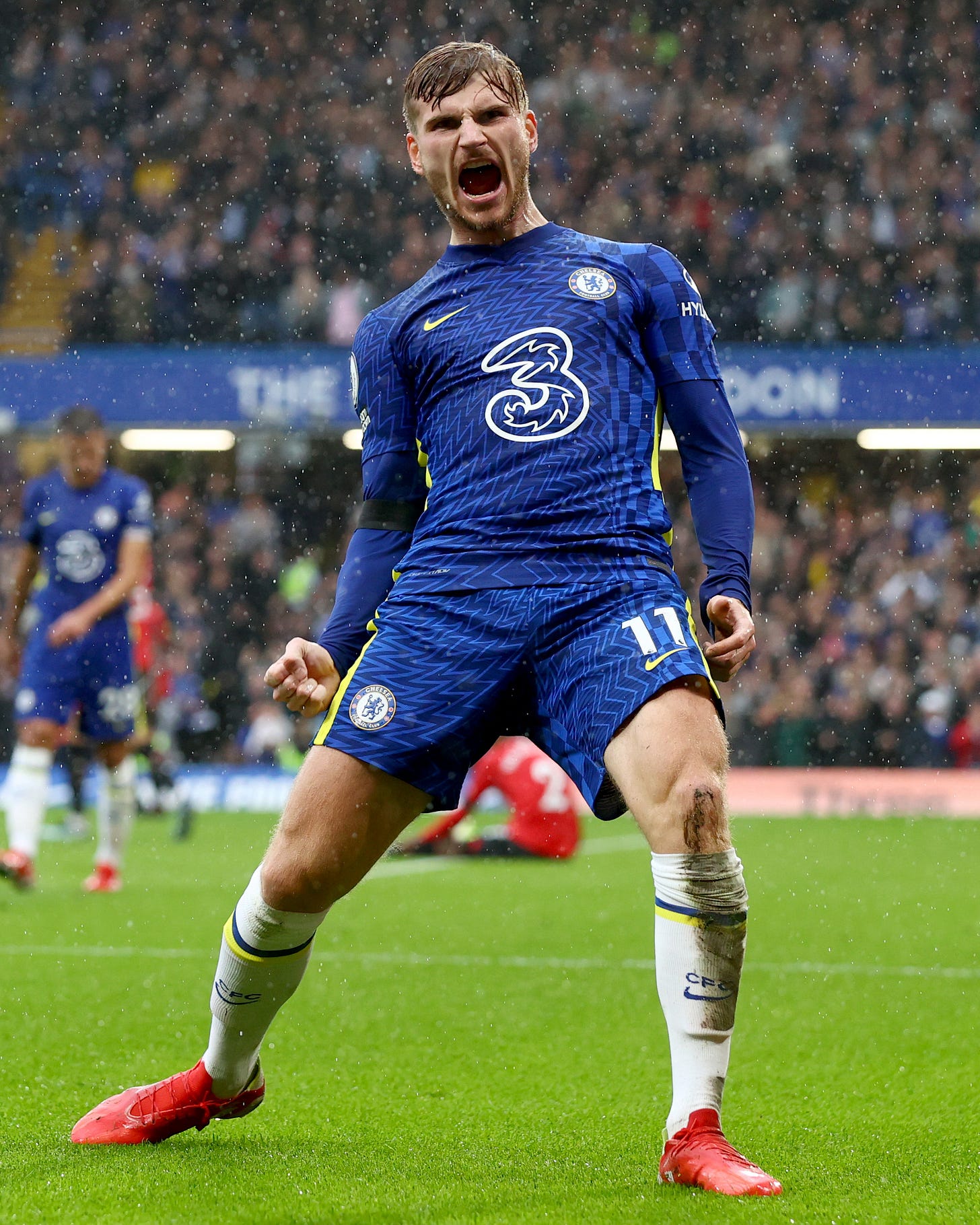 Timo Werner celebrating his goal for Chelsea during a Premier League match versus Southampton. Timo Werner celebrating his goal for Chelsea during a Premier League match versus Southampton.