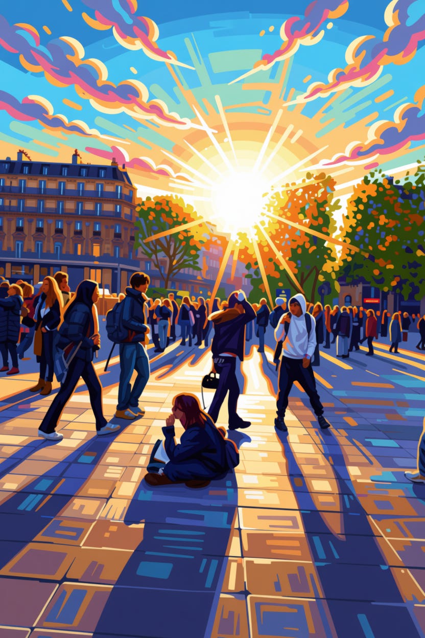 a watercolor of a photo taken down at place de la republique of a girl sitting on the floor drawing pedestrains as people walk by and the sun peak through the trees. 