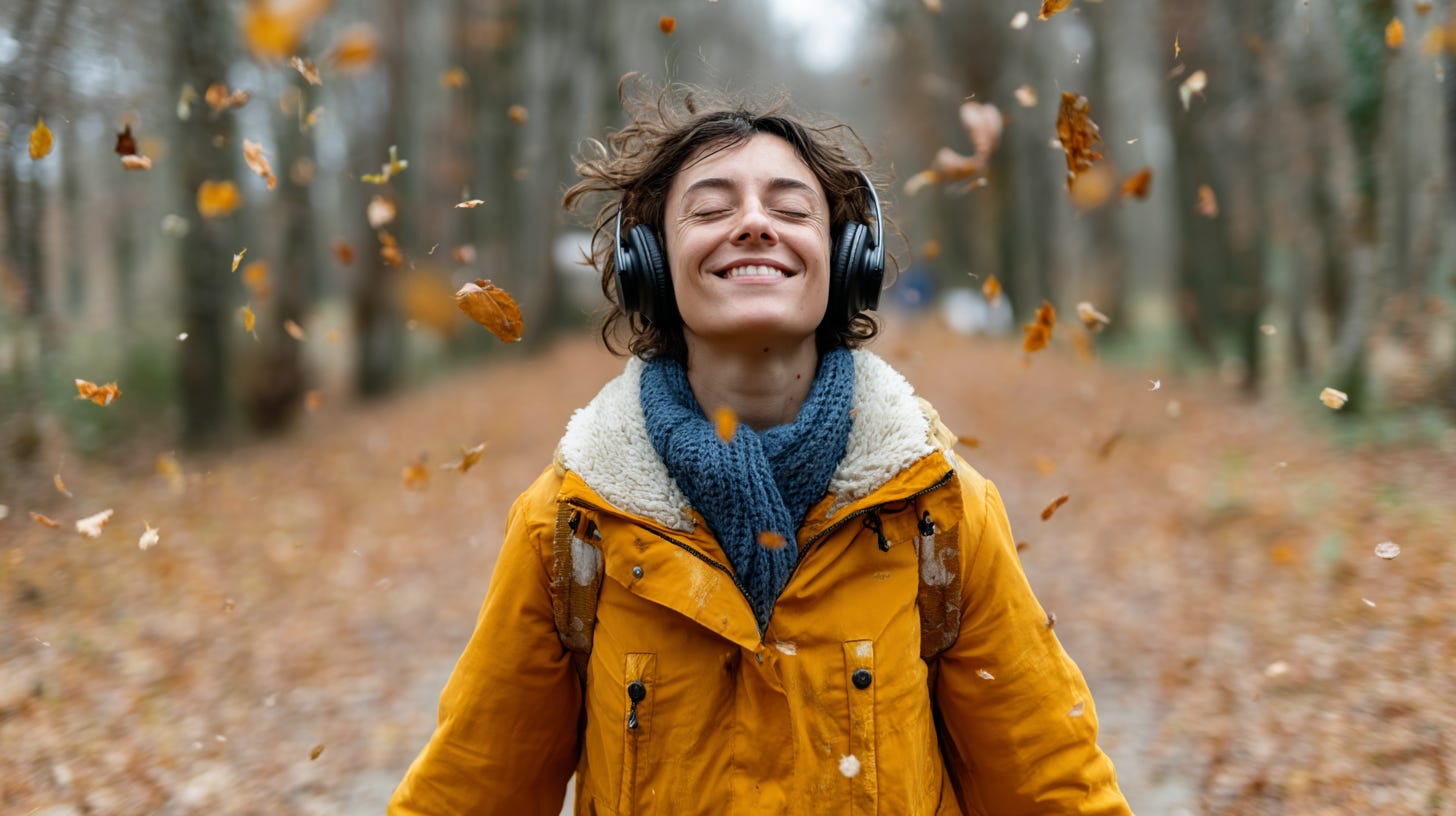 confident young lady walking through forest path, headphones on, smiling with eyes closed, autumn leaves swirling, radiating joy and connection to purpose, eudemonic well-being --ar 16:9 --profile vumoqva --v 7 confident young lady walking through forest path, headphones on, smiling with eyes closed, autumn leaves swirling, radiating joy and connection to purpose, eudemonic well-being --ar 16:9 --profile vumoqva --v 7