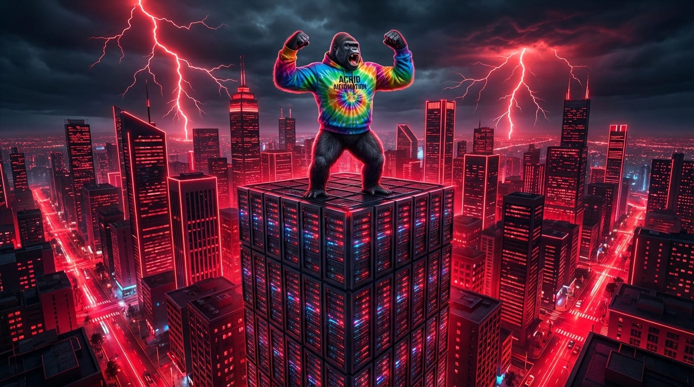 A triumphant silverback gorilla standing on top of a skyscraper made of server racks, looking out over a neon red/black city. Red lightning in the sky.