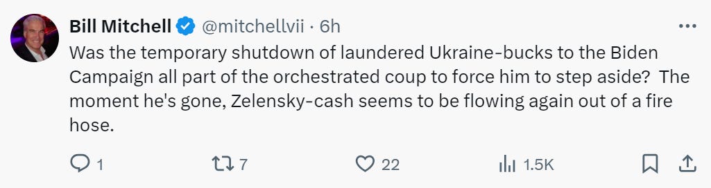 Trump super-fan Bill Mitchell continuing to claim Ukranian cash is being laundered through the DNC, and President Zelensky is involved somehow.