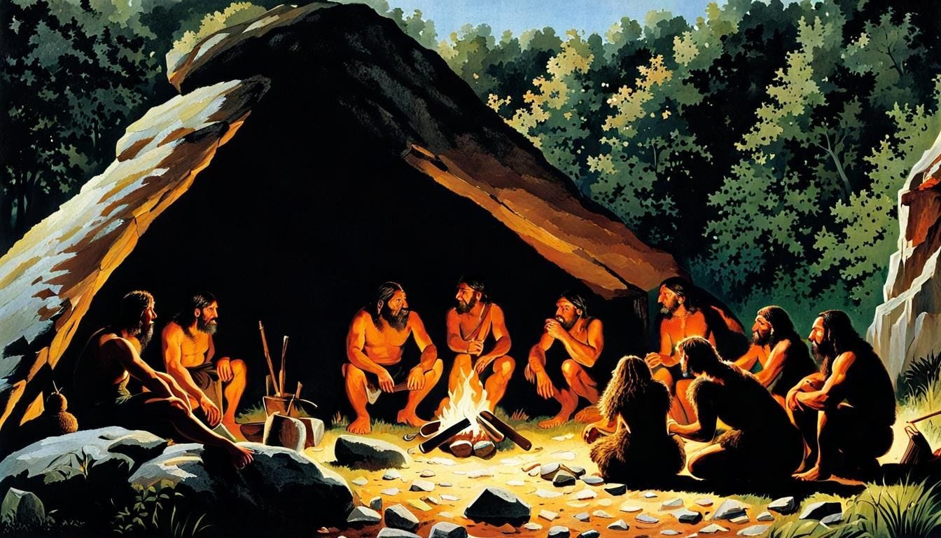 men and women from Neanderthal era gathering around a fire at the entrance  of a rock shelter #4