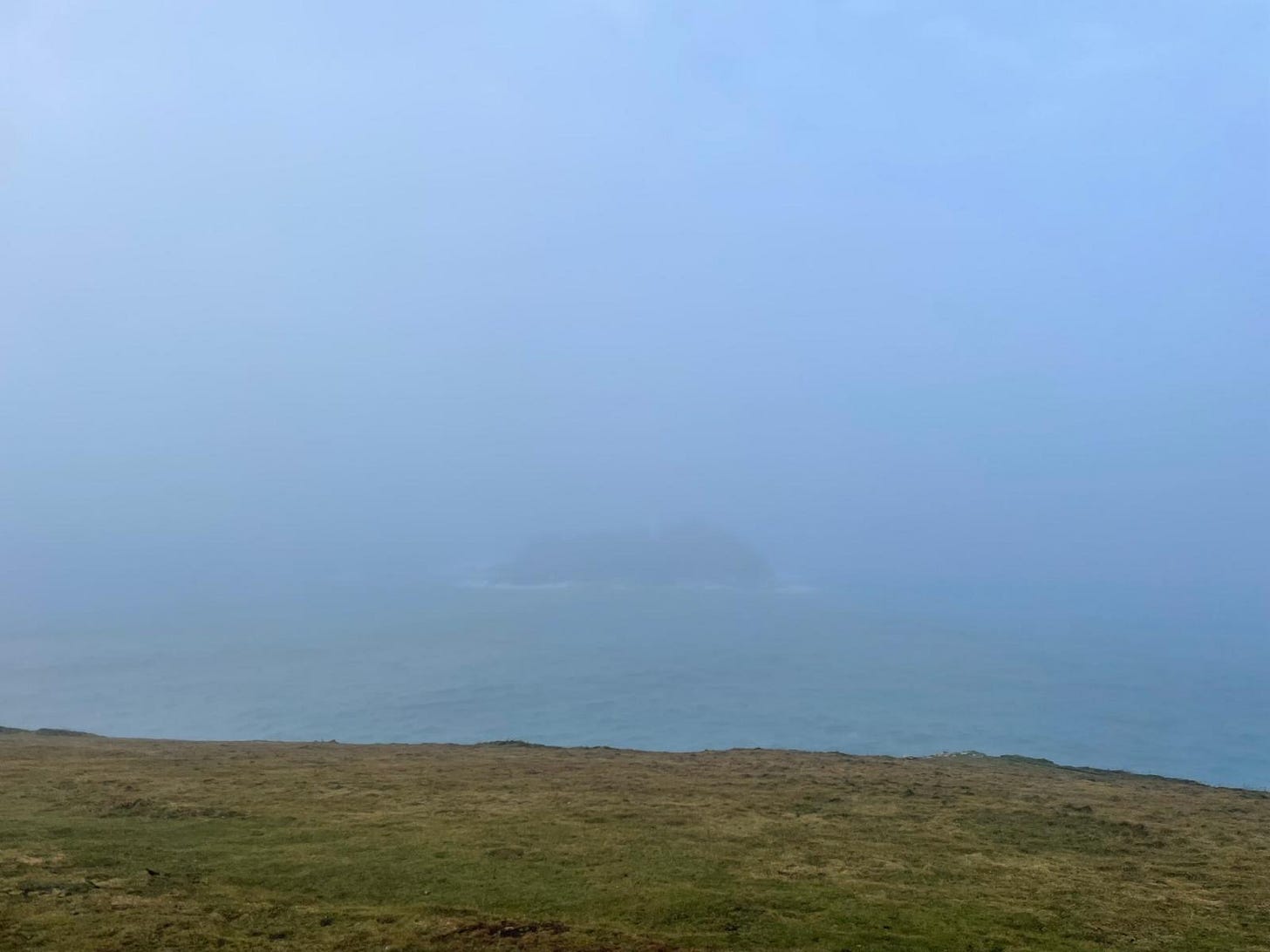 A misty view out to see from a grassy clifftop.