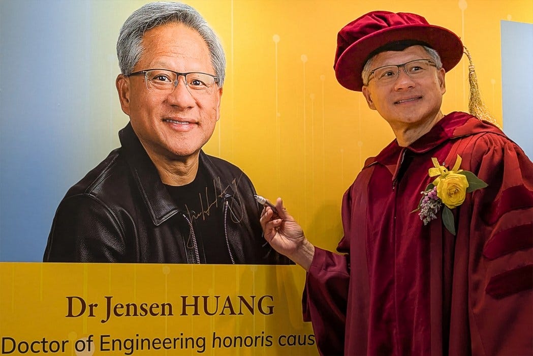 Nvidia CEO Jensen Huang poses for a photo after receiving an honorary doctorate in engineering from the Hong Kong University of Science and Technology, in Hong Kong on November 23, 2024. Photo: Holmes Chan/AFP.
