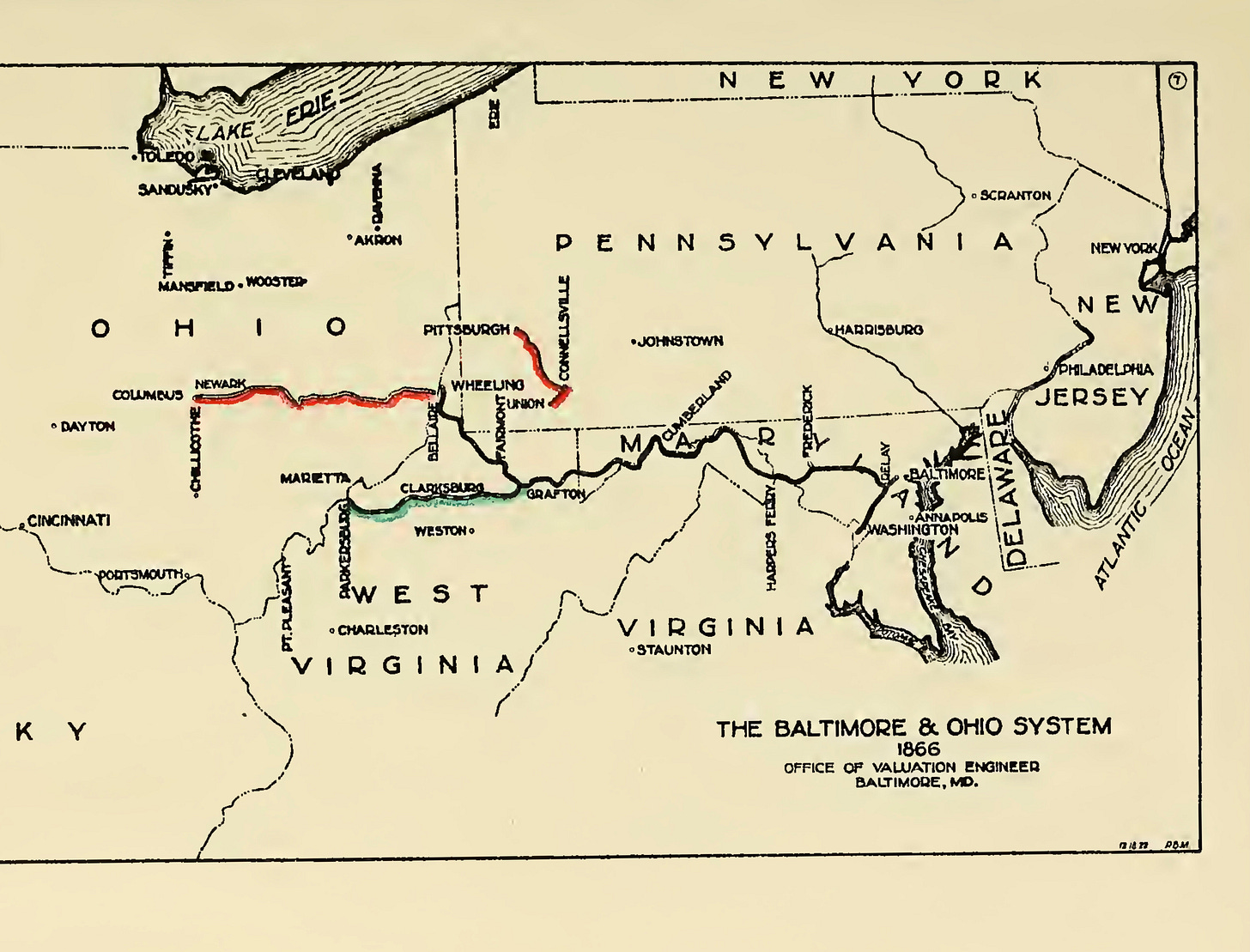 A map of the Mid-Atlantic United States showing the B&O railway system as of 1866. The furthest point west on the mapped system is Columbus, Ohio. A map of the Mid-Atlantic United States showing the B&O railway system as of 1866. The furthest point west on the mapped system is Columbus, Ohio.