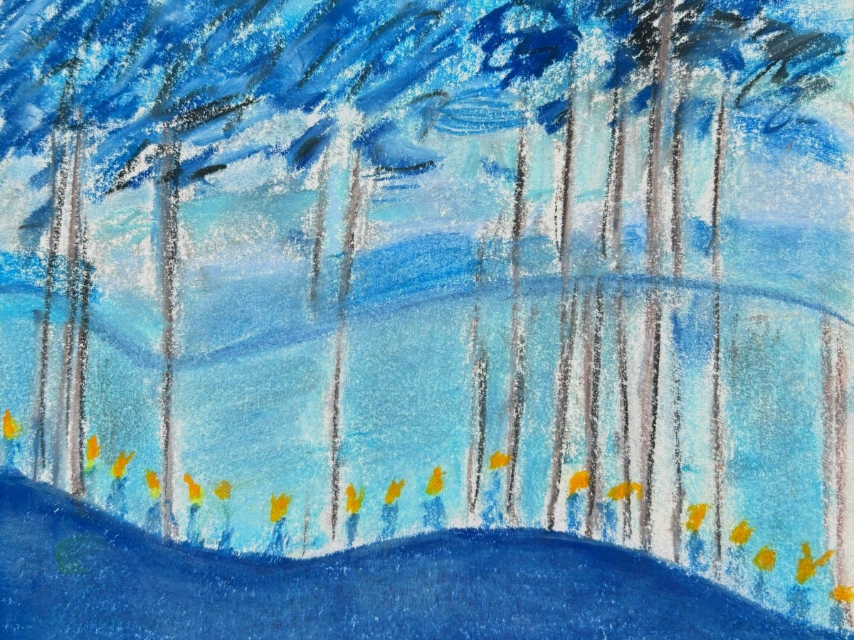 pastel in blues crossing a ridge with torches in the evening