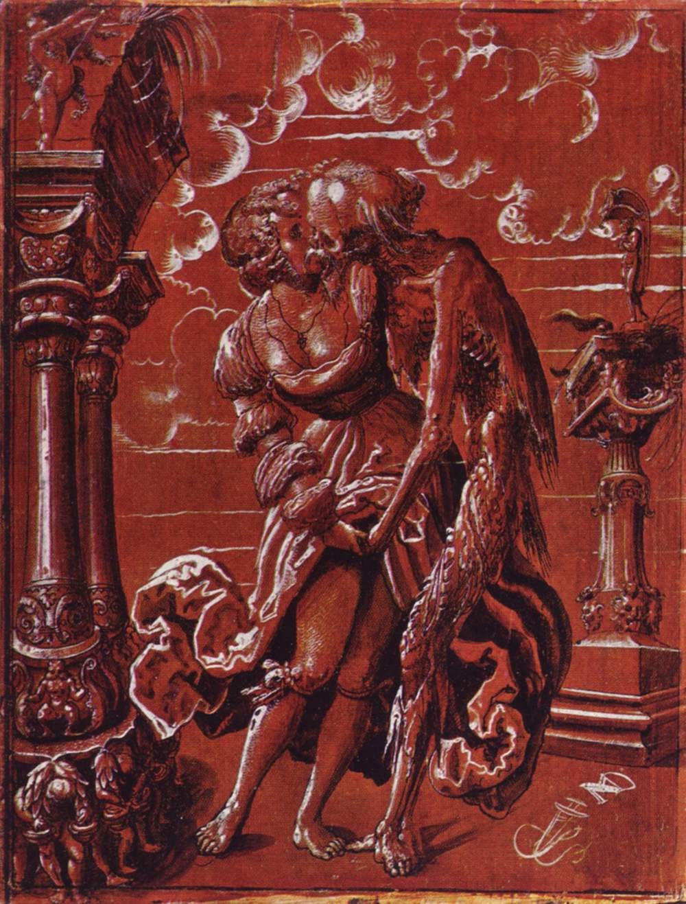 Painted panel of a skeletal Death in the slashed clothes of a Swiss mercenary, kissing a young woman and pulling at her skirt.