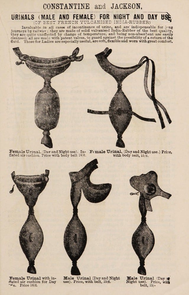 A catalogue page for a company called Constantine and Jackson. It shows five different designs of urinal - two for men and three for women. A catalogue page for a company called Constantine and Jackson. It shows five different designs of urinal - two for men and three for women.