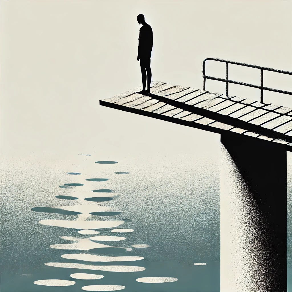 A minimalistic black and white digital illustration of a person standing hesitantly at the edge of a diving board, looking down at the water below. The water is clearly visible, calm, and inviting, ensuring a sense of safety rather than danger. Gentle ripples on the surface reflect light, creating depth. The figure appears nervous but contemplative, representing the hesitation before taking a leap of faith. The background is simple and uncluttered, emphasizing the emotional moment and the theme of overcoming fear.