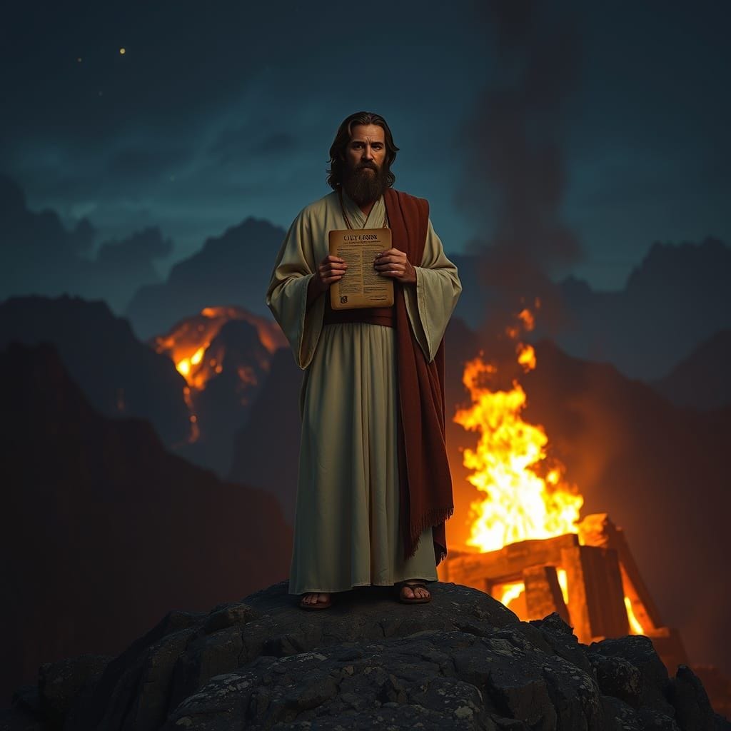 photorealistic, photo, Moses and the 10 Commandments, mountain, night, fire in background, burning bush,
