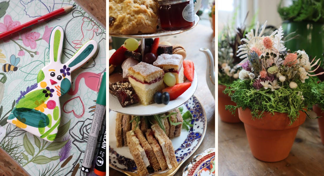 Three pictures - one of a bunny craft, one of a tiered plate of afternoon tea, and one of a potted plant with flowers