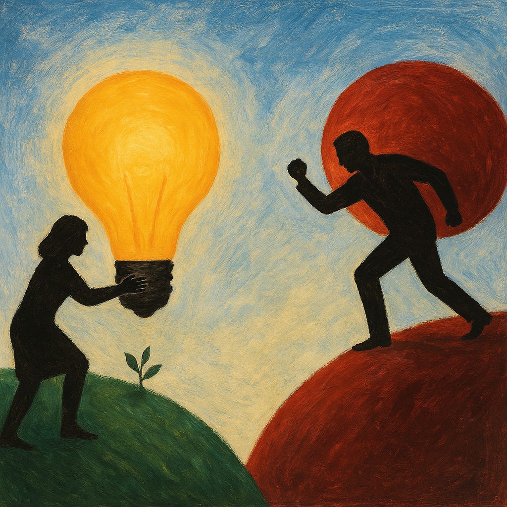 A stylized painting of two silhouetted figures on opposing hills. The woman on the left kneels on a green hill, holding a glowing yellow light bulb that casts a warm glow. The man on the right stands on a red hill, his fist raised toward the light in anger. A stylized painting of two silhouetted figures on opposing hills. The woman on the left kneels on a green hill, holding a glowing yellow light bulb that casts a warm glow. The man on the right stands on a red hill, his fist raised toward the light in anger.