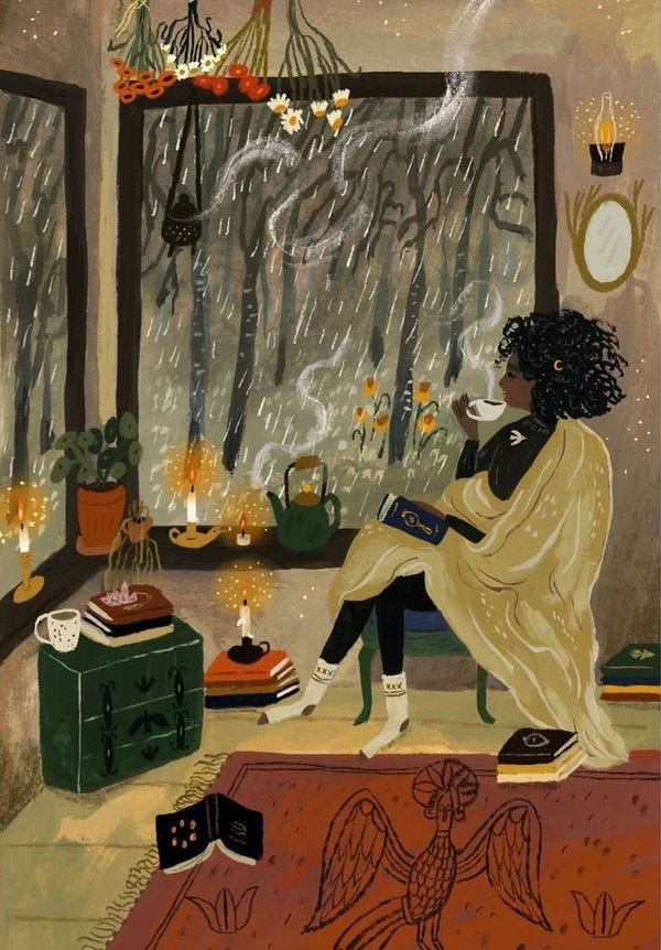 This may contain: a painting of a woman sitting in front of a window with an open book on her lap