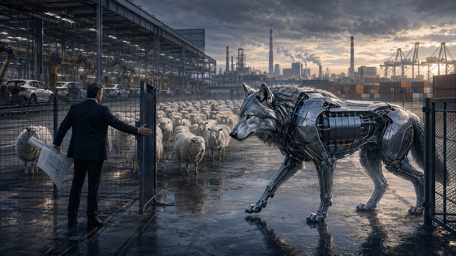 A suited executive opens the gate of a European car plant where sheep are waiting. Opposite, a large cybernetic wolf enters the industrial site. In the background, assembly lines, cars being built, smokestacks and shipping containers suggest how European factories are turning into entry points for Chinese automakers. A suited executive opens the gate of a European car plant where sheep are waiting. Opposite, a large cybernetic wolf enters the industrial site. In the background, assembly lines, cars being built, smokestacks and shipping containers suggest how European factories are turning into entry points for Chinese automakers.