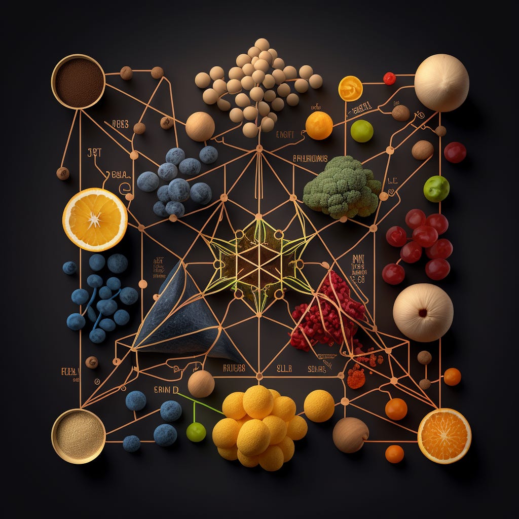 Connected graph of elements and nodes, made from food ingredients, 8k