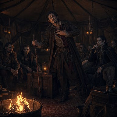 Felonious disguised as Boris the Architect inside Luvash’s tent; robes slightly askew, staff clinking against a crate, eyes sharp beneath drunken facade; warm firelight casting long shadows; Luvash and Arrigal stone-faced, Escher pale and elegant with vampire spawn watching; Barovian Gothic atmosphere, tense and theatrical; original faces with no resemblance to real people