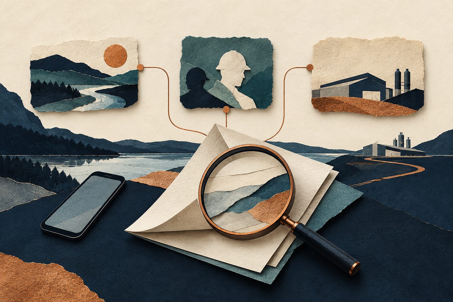 Conceptual paper collage of a magnifying glass over documents, a phone, landscape, workers and industrial buildings.