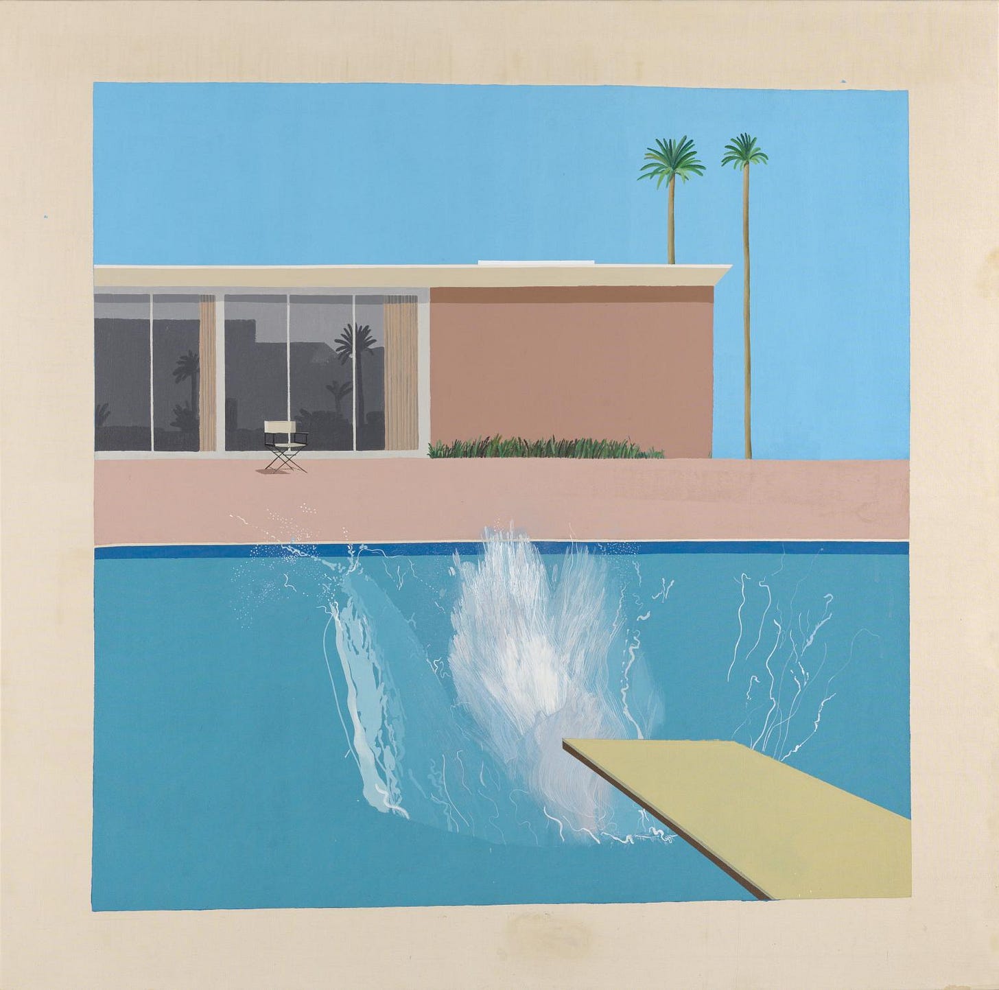 David Hockney’s A Bigger Splash, a painting of a splash in a swimming pool outside of a mid-century ranch house. There are two palm trees in the background. David Hockney’s A Bigger Splash, a painting of a splash in a swimming pool outside of a mid-century ranch house. There are two palm trees in the background.