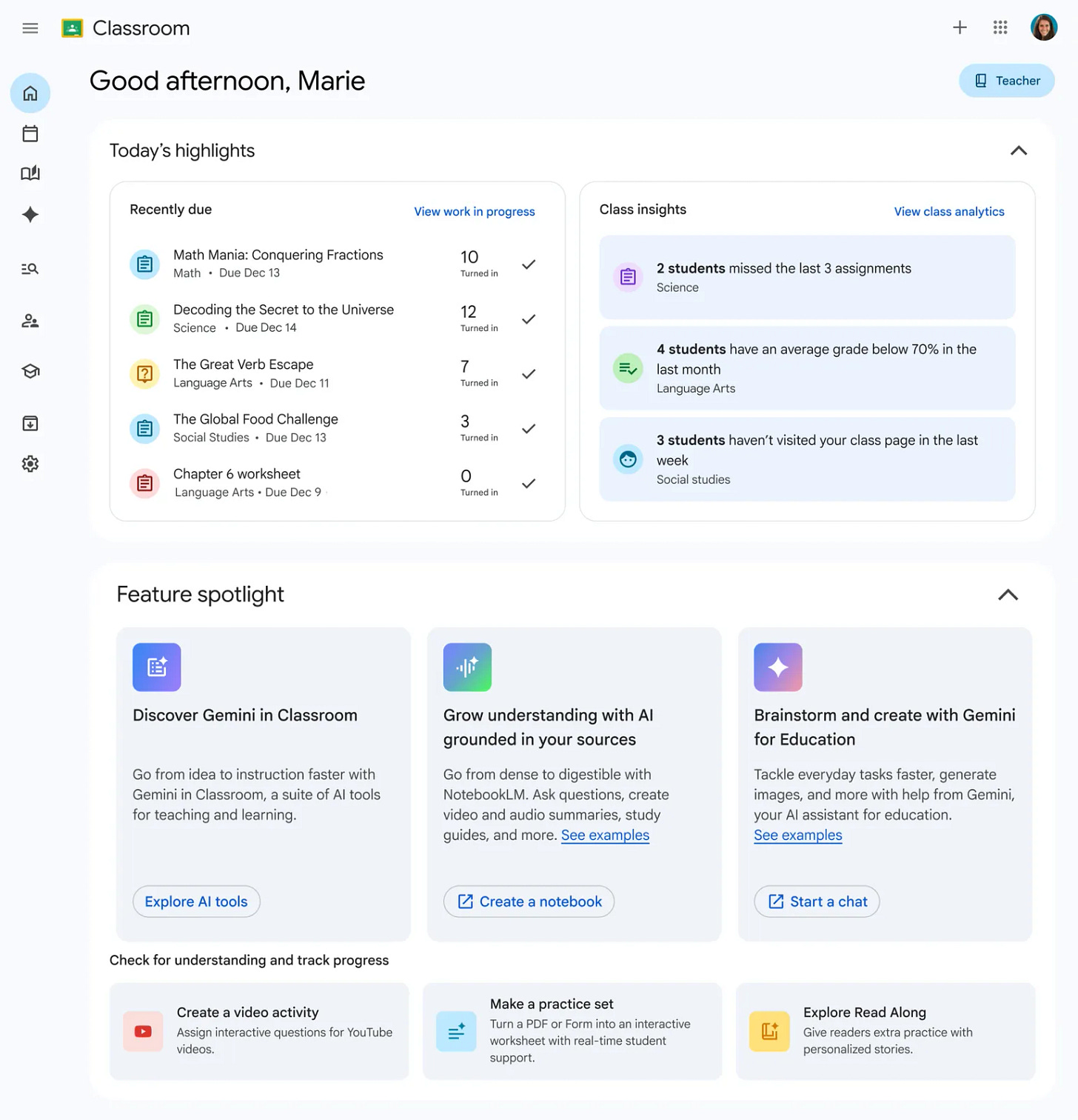 A screenshot of the Google Classroom teacher homepage. The main dashboard features a section titled 'Today's highlights,' split into 'Recently due' assignments and 'Class insights' containing student performance alerts. Below this, a 'Feature spotlight' banner highlights three cards promoting Gemini AI tools and NotebookLM.