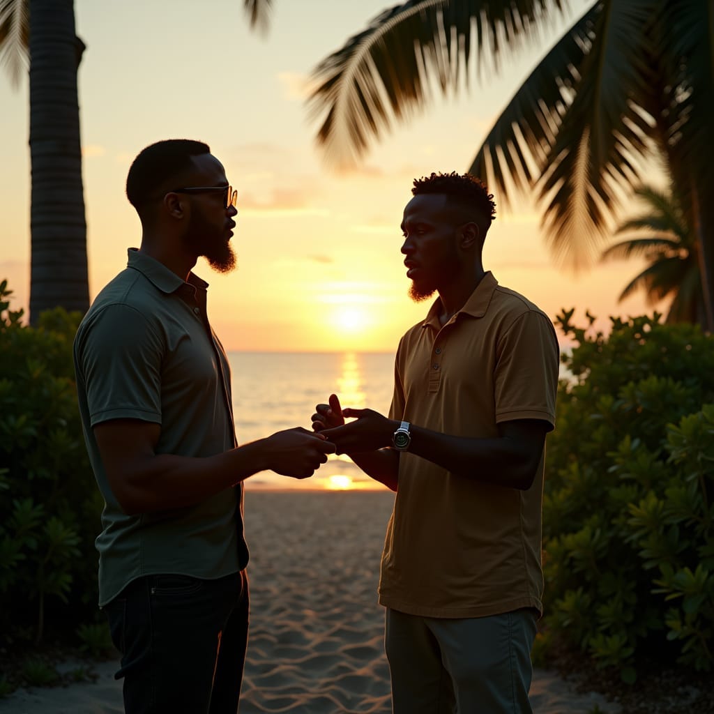 A Jamaican buyer extending a counter offer, set against a backdrop of lush Caribbean surroundings, as the seller ponders the proposal.
