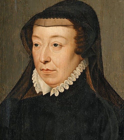 A queen dressed on the left in colorful clothes and on the right in a black gown with a white collar