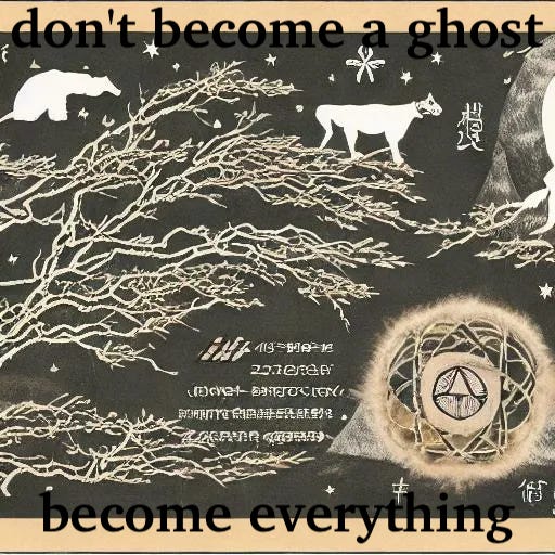 branches reaching up and rightward with animal-like shapes, stars, and unreadable symbols that emulate many writing systems. near the bottom right, what seems to be a zoom-in shows a pattern of circles with a wave-like icon at the center. at the top, "don't become a ghost"; at the bottom: "become everything". branches reaching up and rightward with animal-like shapes, stars, and unreadable symbols that emulate many writing systems. near the bottom right, what seems to be a zoom-in shows a pattern of circles with a wave-like icon at the center. at the top, "don't become a ghost"; at the bottom: "become everything".