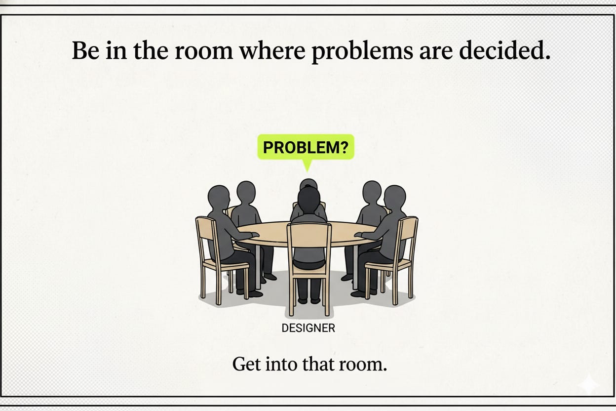 Editorial illustration: a round table with five chairs — four occupied by faceless silhouettes, one empty chair labeled “DESIGNER.” A speech bubble above the table reads “PROBLEM?”