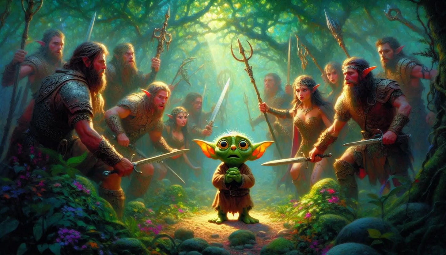 An fearful goblin finds himself cornered in the forest by angry male and female elves with swords and spears.Slight impressionist style. An fearful goblin finds himself cornered in the forest by angry male and female elves with swords and spears.Slight impressionist style.