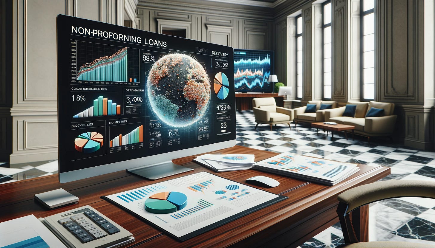A highly detailed scene of a financial analysis office, focused on the theme of non-performing loans and recovery rates in Italy, without any visible text. The image should feature a polished wooden desk with papers containing visual charts and graphs on non-performing loans, excluding any specific data or text. A sleek, modern computer displays brightly colored pie charts and bar graphs showing different recovery rates without labels. In the background, a digital screen shows abstract representations of the Italian stock market's fluctuations. The office combines classic and modern Italian design elements, with marble floors and contemporary furniture.