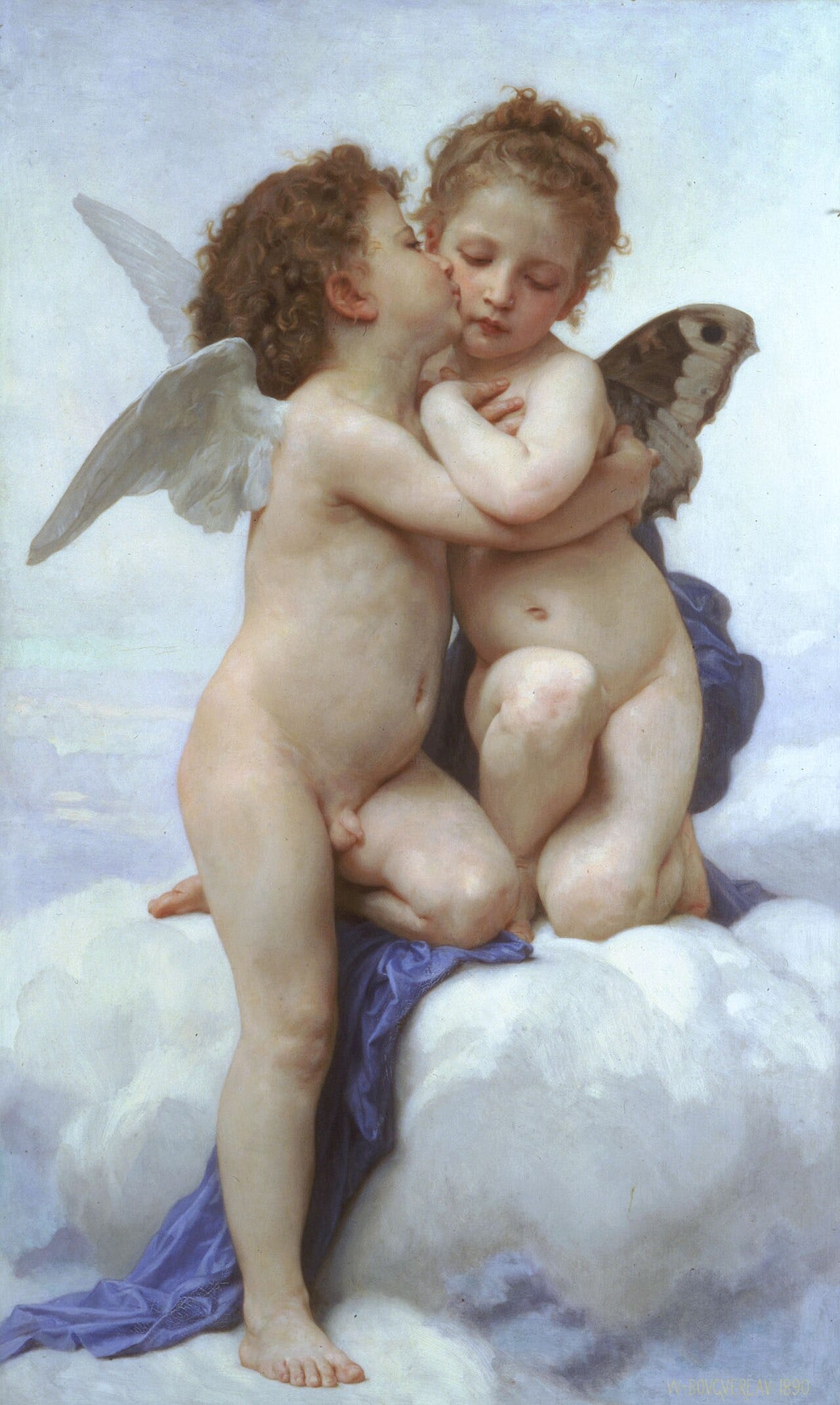 Two winged children leaning for a shy kiss Two winged children leaning for a shy kiss