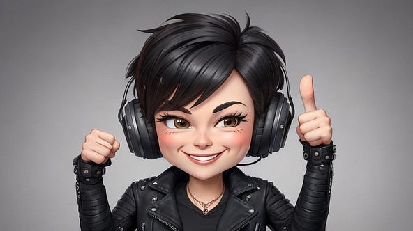 Caricature of a young brunette woman with leather jacket and headphones giving 2 thumbs up.