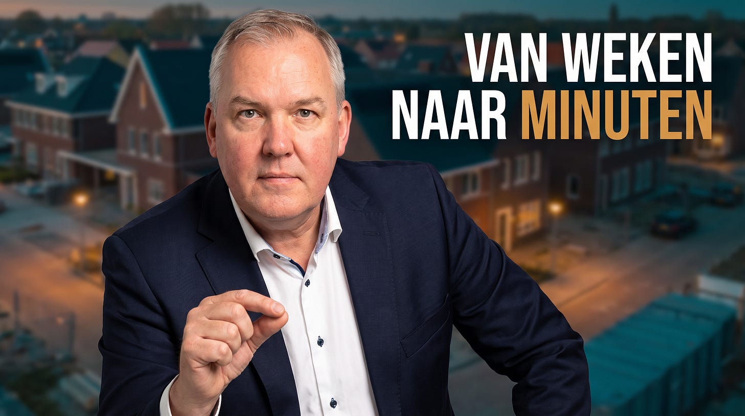 Martin Schoonderbeek maakt een maatgebaar voor een opgeleverde straat woningen, met de tekst VAN WEKEN NAAR MINUTEN Martin Schoonderbeek maakt een maatgebaar voor een opgeleverde straat woningen, met de tekst VAN WEKEN NAAR MINUTEN