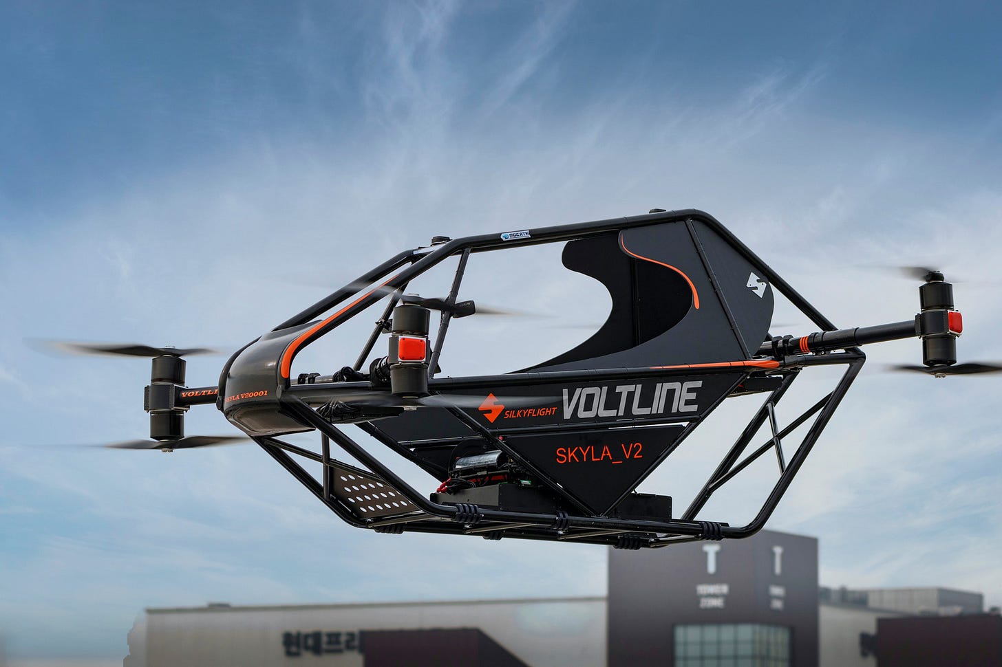 Voltline Skyla_V2 one passenger eVTOL prototype multicopter aircraft test flight