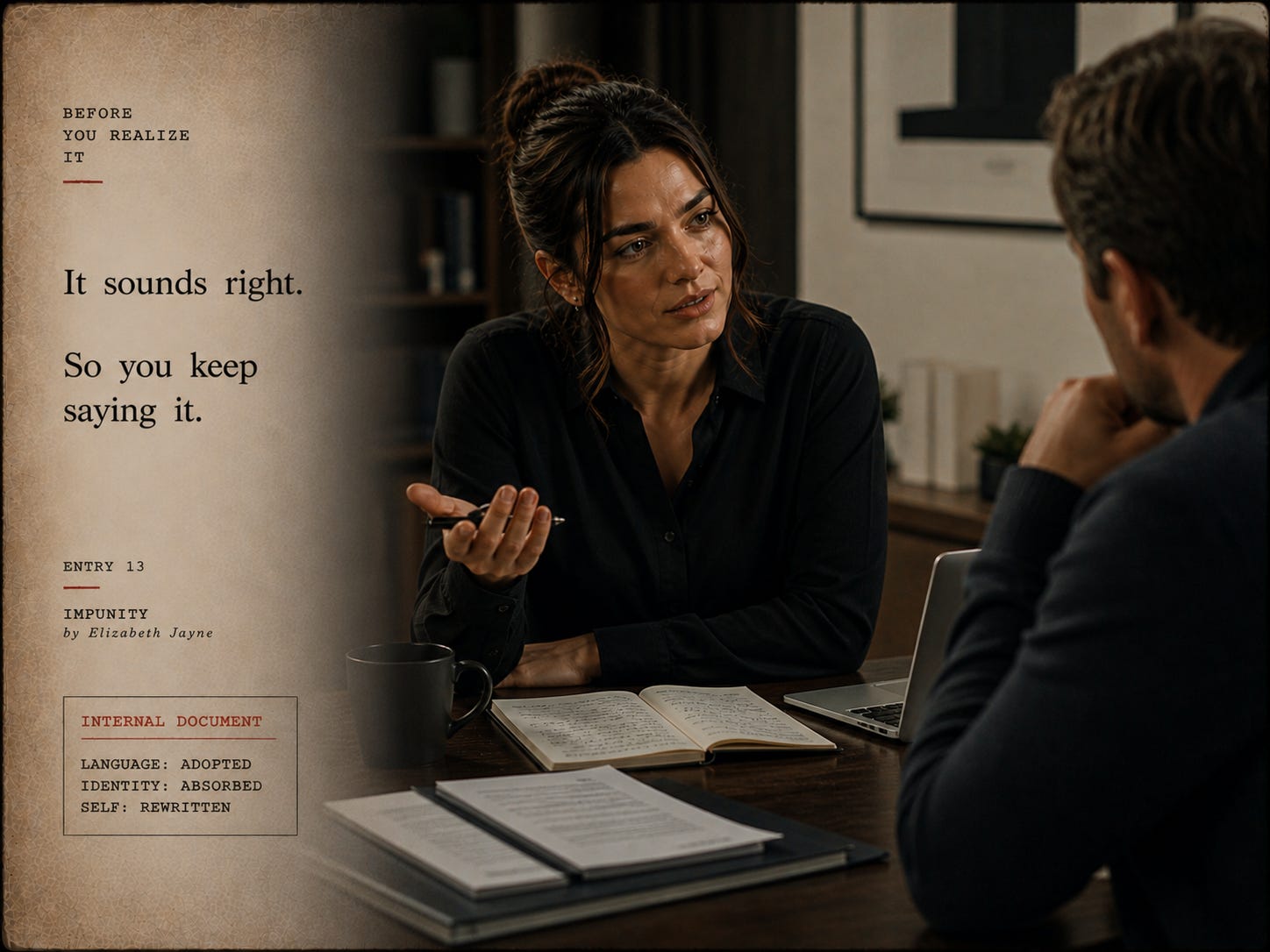 A woman sits at a desk in a structured office setting, calmly explaining something to a man across from her using confident, practiced language, illustrating how grooming reshapes communication until borrowed words become natural and automatic A woman sits at a desk in a structured office setting, calmly explaining something to a man across from her using confident, practiced language, illustrating how grooming reshapes communication until borrowed words become natural and automatic