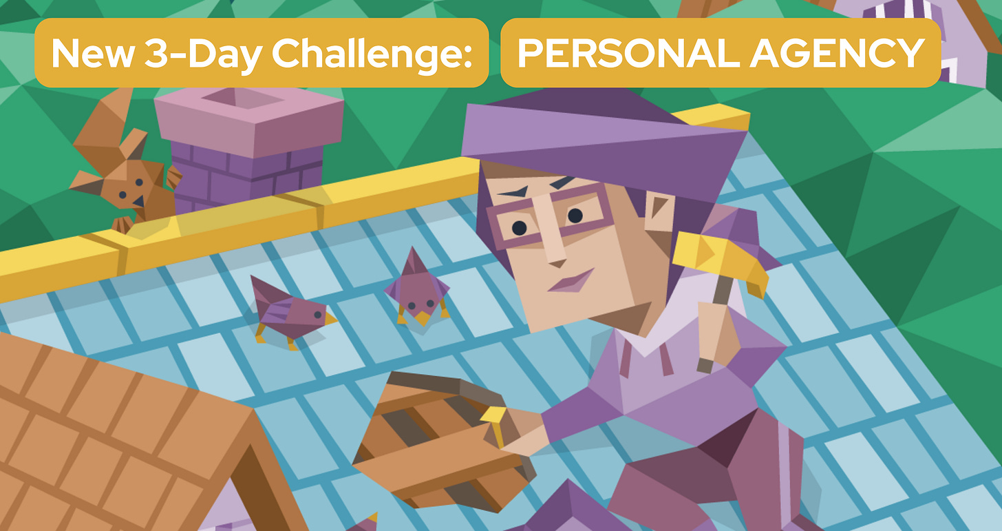 A person repairs the roof of their home all on their own. Two birds and a squirrel stand nearby watching. Text in a yellow banner reads: New 3-Day Challenge: Personal Agency.
