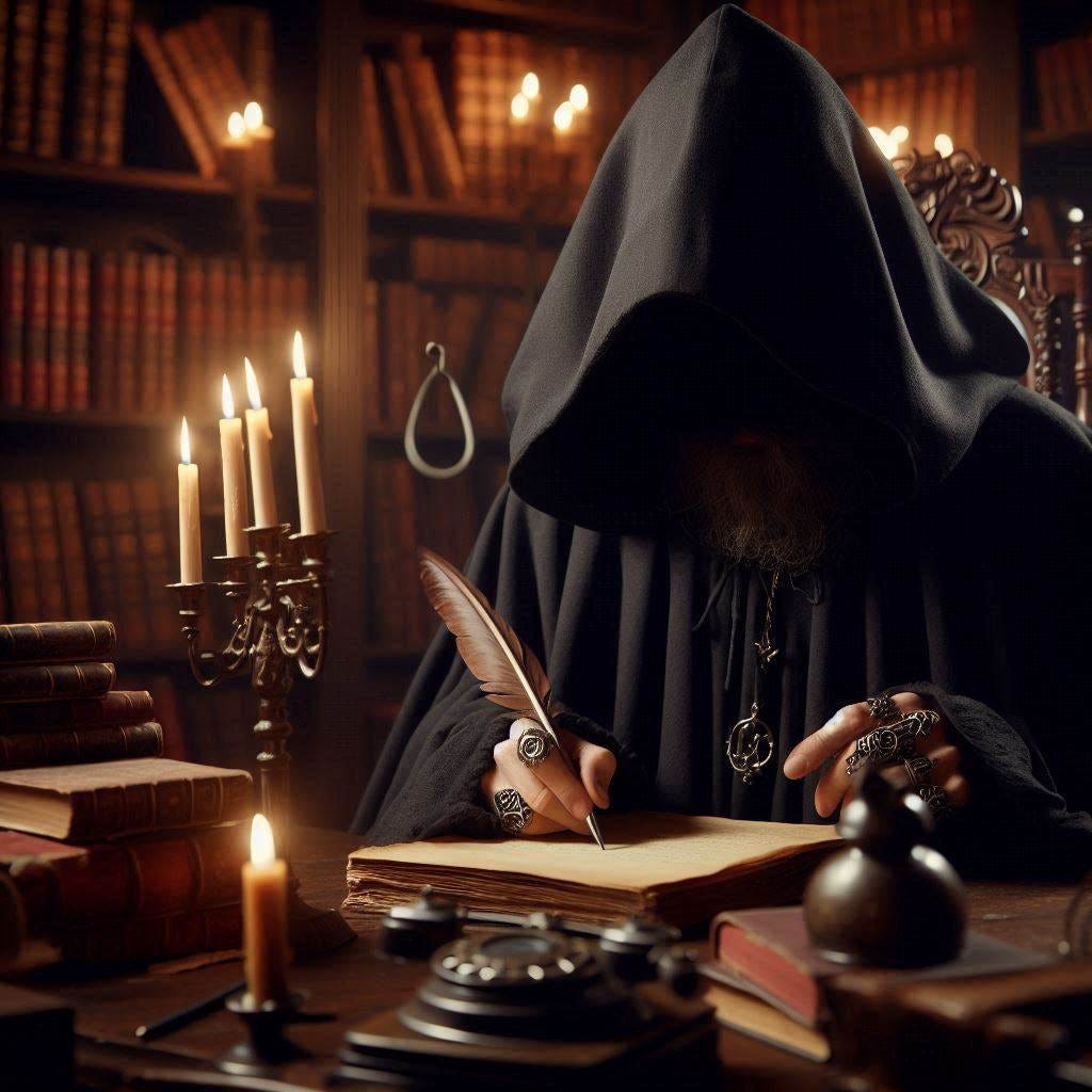 The hooded dark lord writes with a quilled pen in a beautiful library. The hooded dark lord writes with a quilled pen in a beautiful library.
